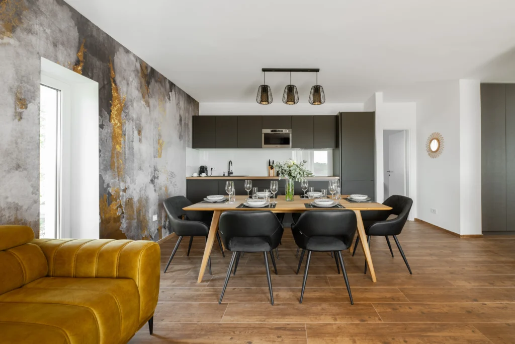 Modern living room with open kitchen in Villa Wood luxury apartment